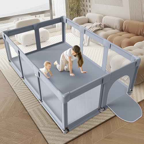 Image of Large Baby Playpen, 74×50 Inches Baby Play Pen for Babies and Toddlers, PlayPens for Indoor & Outdoor, Sturdy SafetyPlayard with Soft Breathable Mesh, Grey