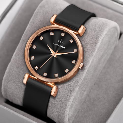 Image of CHARLIEKEEN Women's Luxury Watch, Rose Gold Case, Silicone Band, Crystal Markers