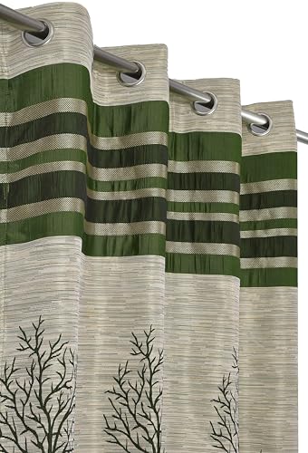 Image of Homefab India Pack Of 2 Jacquard Room Darkening Modern Jute Semi Sheer Grommet Curtains - 5 Feet, Window, Green