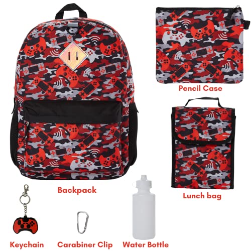 Ralme Red Camo Gaming Backpack Set For Boys, 16 Inch, 6 Pieces - Includes Foldable Lunch Bag, Water Bottle, Key Chain, & Pencil Case #TOP1
