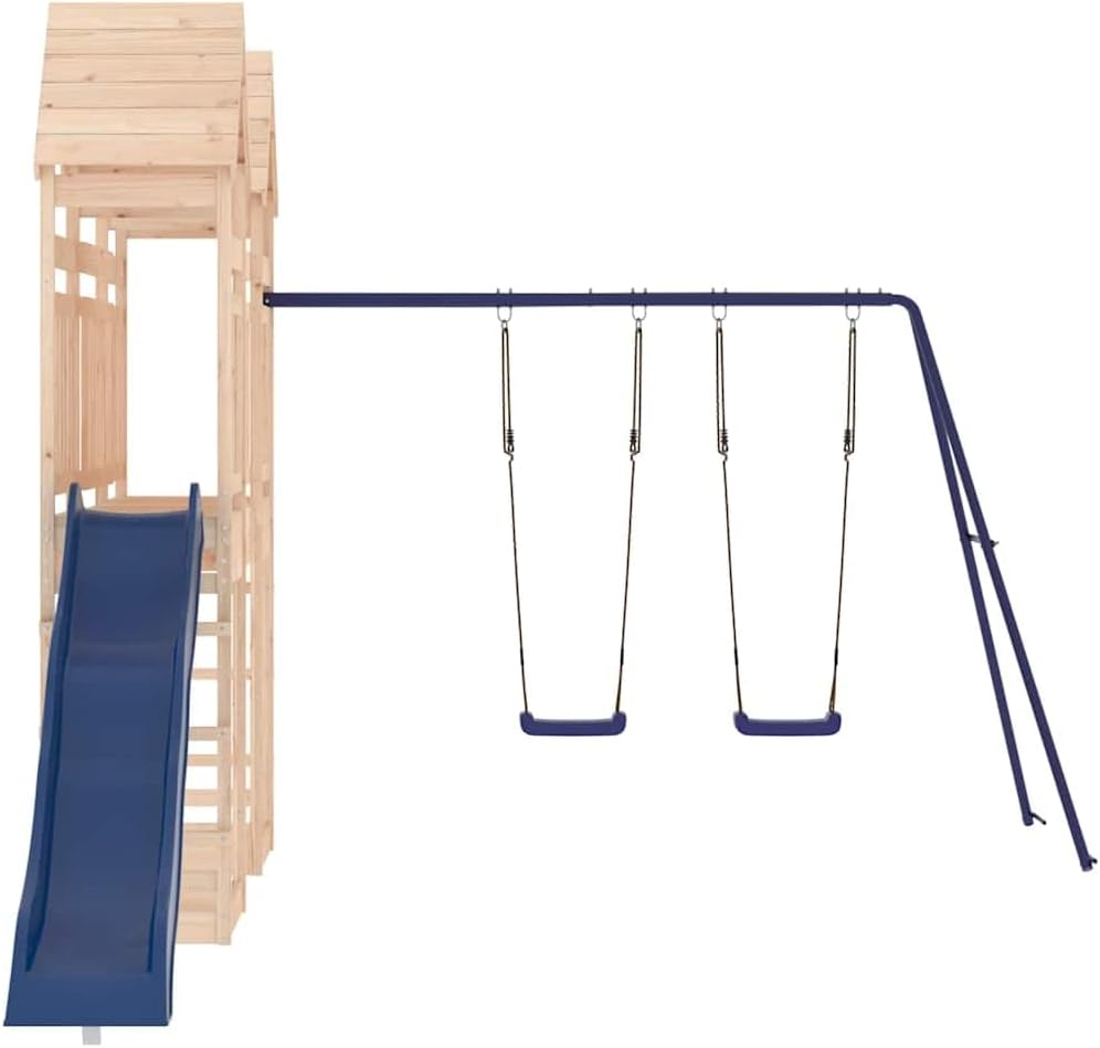 Natural Wood Solid Pine Wood Large Outdoor Playset with Wave Slide and Two Saddle Swings for Backyard, Durable Rustic Traditional Playground Set for Active Play, Entertains