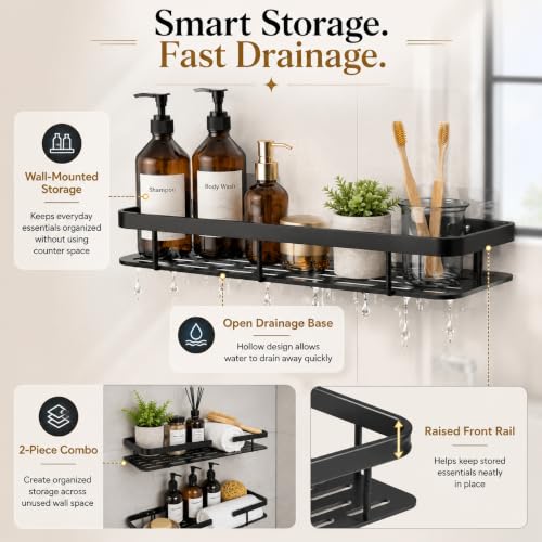 Image of JD FRESH 2 Pcs Self Adhesive Bathroom Shelf for Wall, Aluminium Holder Stand, Wall Mounted Bathroom Shelves Rack for Bathroom Accessories Organiser, with Drill and Without Drill - Black
