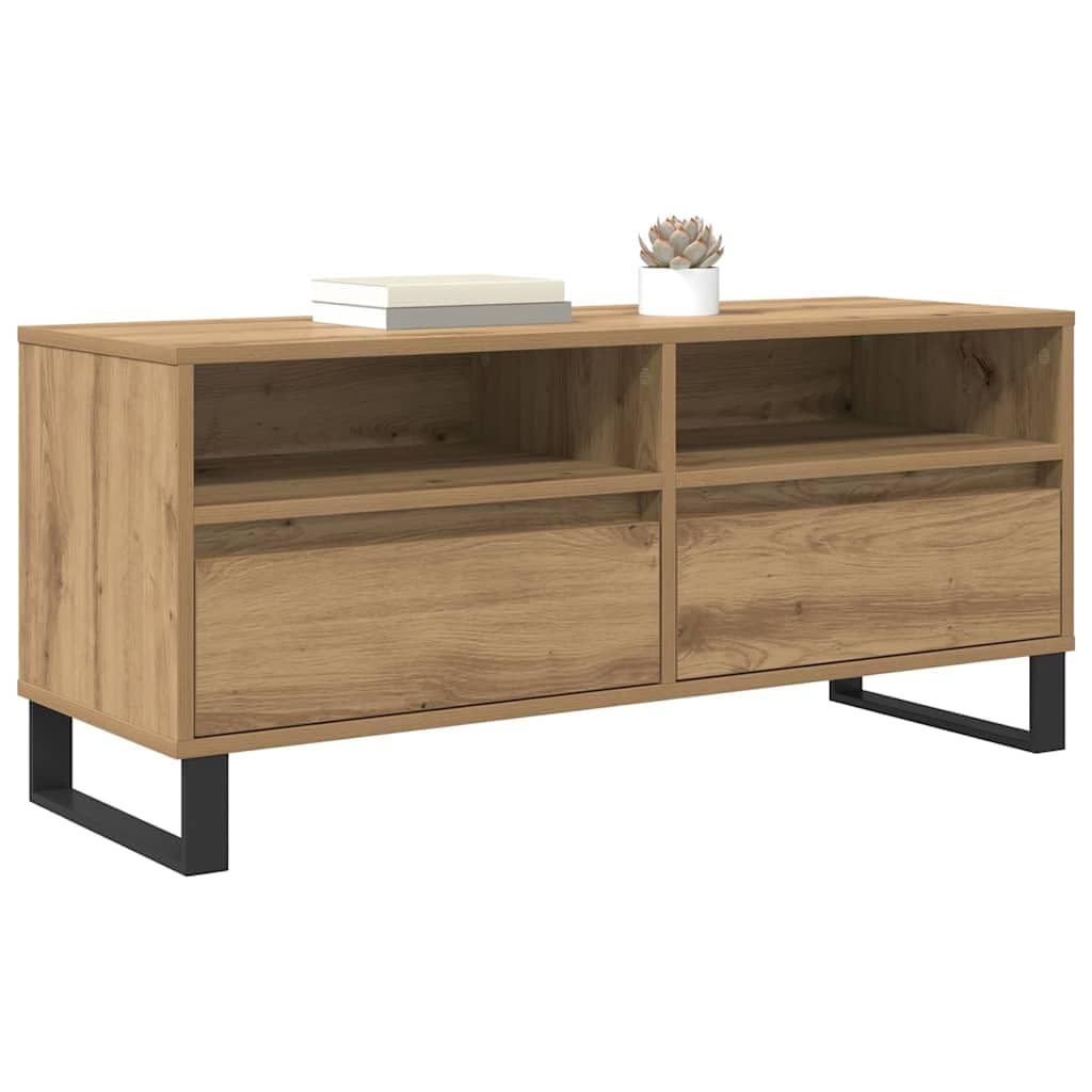 39-Inch Engineered Wood TV Stand with Drawer, Artisan Oak | Measures 39.4 x 13.6 x 17.5 inches, featuring open storage compartments for consoles and media devices in the living room.