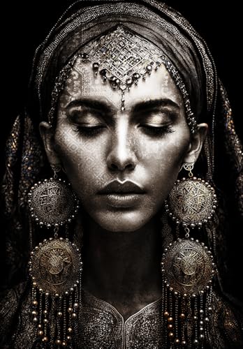 STYLER Leinwandbild Peri 85 x 113 cm (AUFHÄNGFERTIG) I Orientalische Kunst auf Leinwand I Mystische Frau I Schwarz-Goldene Wanddekoration I Leinwand Bild Wandbild Wohnzimmer Schlafzimmer Flur