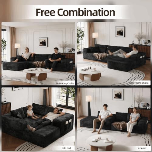 Image of Boneless Compression Couch No Assembly in a Box Sectional for Living Room Black Modular Sofa Memory Foam