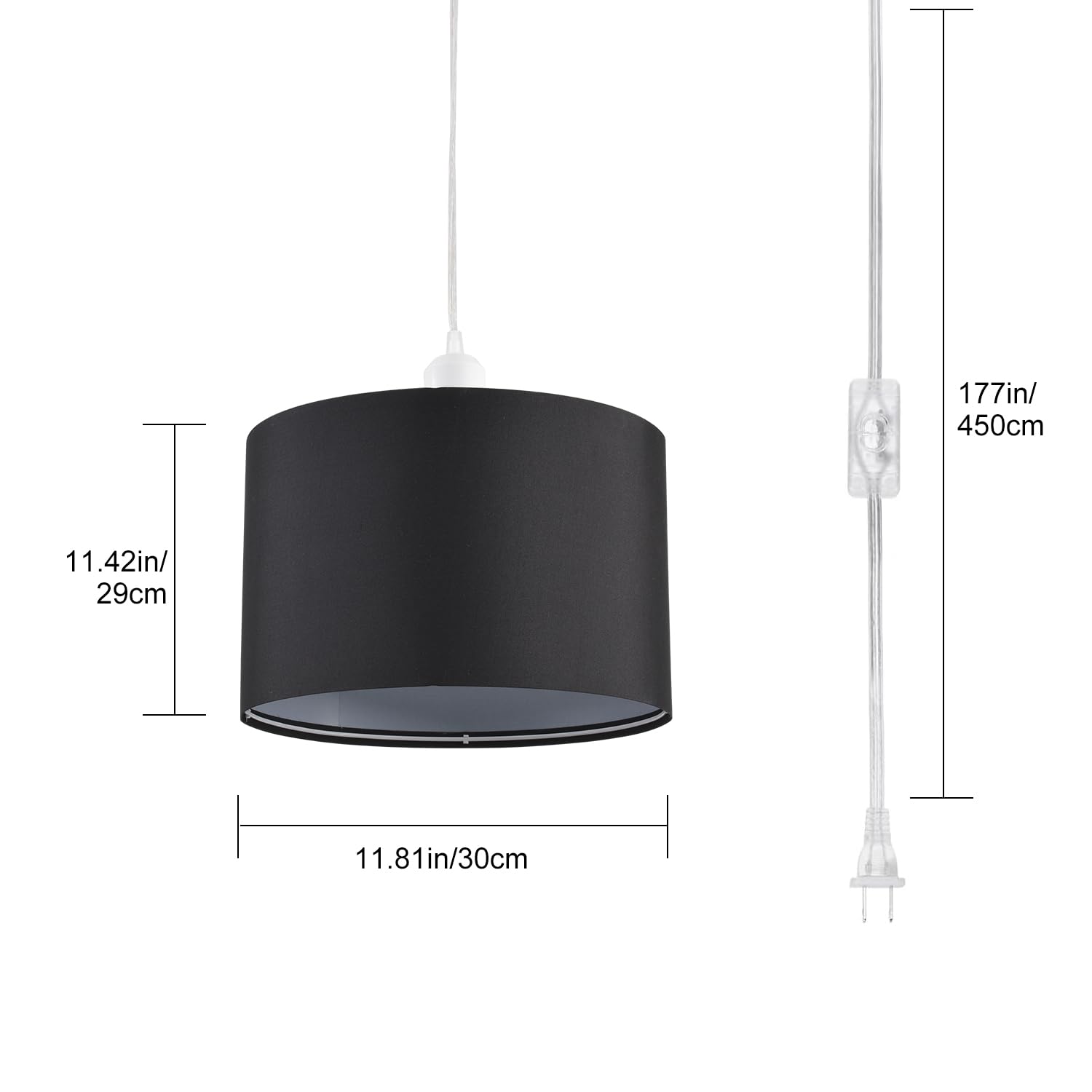 Lampa wisząca, 2 sztuki, lampa wisząca z przezroczystym sznurkiem, włącznik/wyłącznik, czarna tkanina, wisząca oprawa oświetleniowa do sypialni, kuchni, salonu, stołu jadalnego, 2 szt