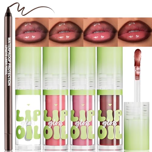 Wugbc 4 Colors Hydrating Lip Oil with Brown Lip Liner Set Moisturizing Lip Combo High Pigmented Lightweight Glossy Liquid Lipstick and Lip Liner Smooth Plumping Lip Kit Non-sticky Makeup Present A