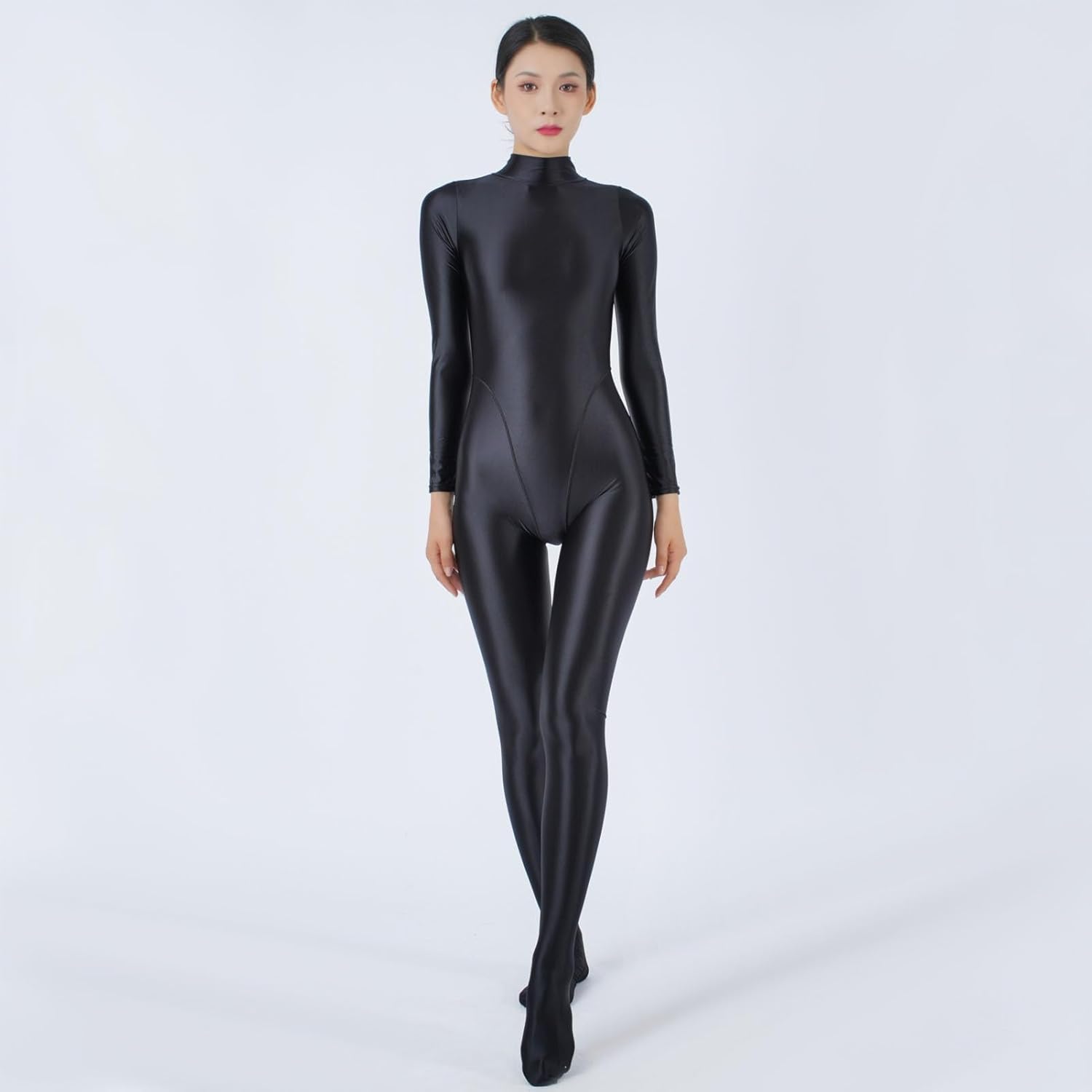 LESOYA Women's Sexy Opaque Shiny Glossy Bodystocking Back with Zipper Bodysuit Long Sleeve Catsuit