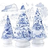 Soaoo 3 Pcs French Country Style Christmas Tree Ceramic Figurine Blue and White Christmas Tree Decor Chinoiserie Porcelain Mini Chic Ceramic for Village(Concise Style,8.7, 10.6, 12.6 Inch)