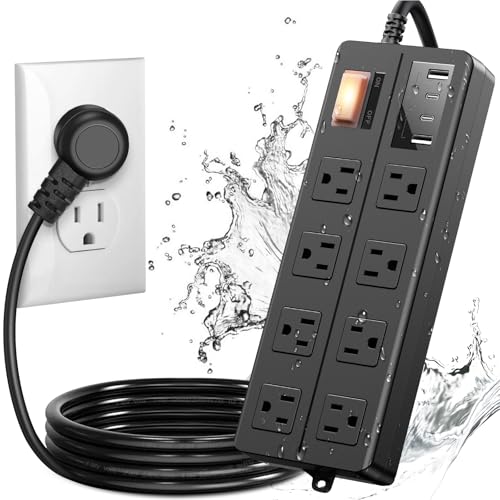 Image of IPX6 Waterproof Outdoor Power Strip, Overload Protector with 8 Wide Outlet 4 USB Ports (2A 2C), 6FT Extension Cord, Wall Mountable Weatherproof for Garden Patio Holiday Lights, UL Listed Black