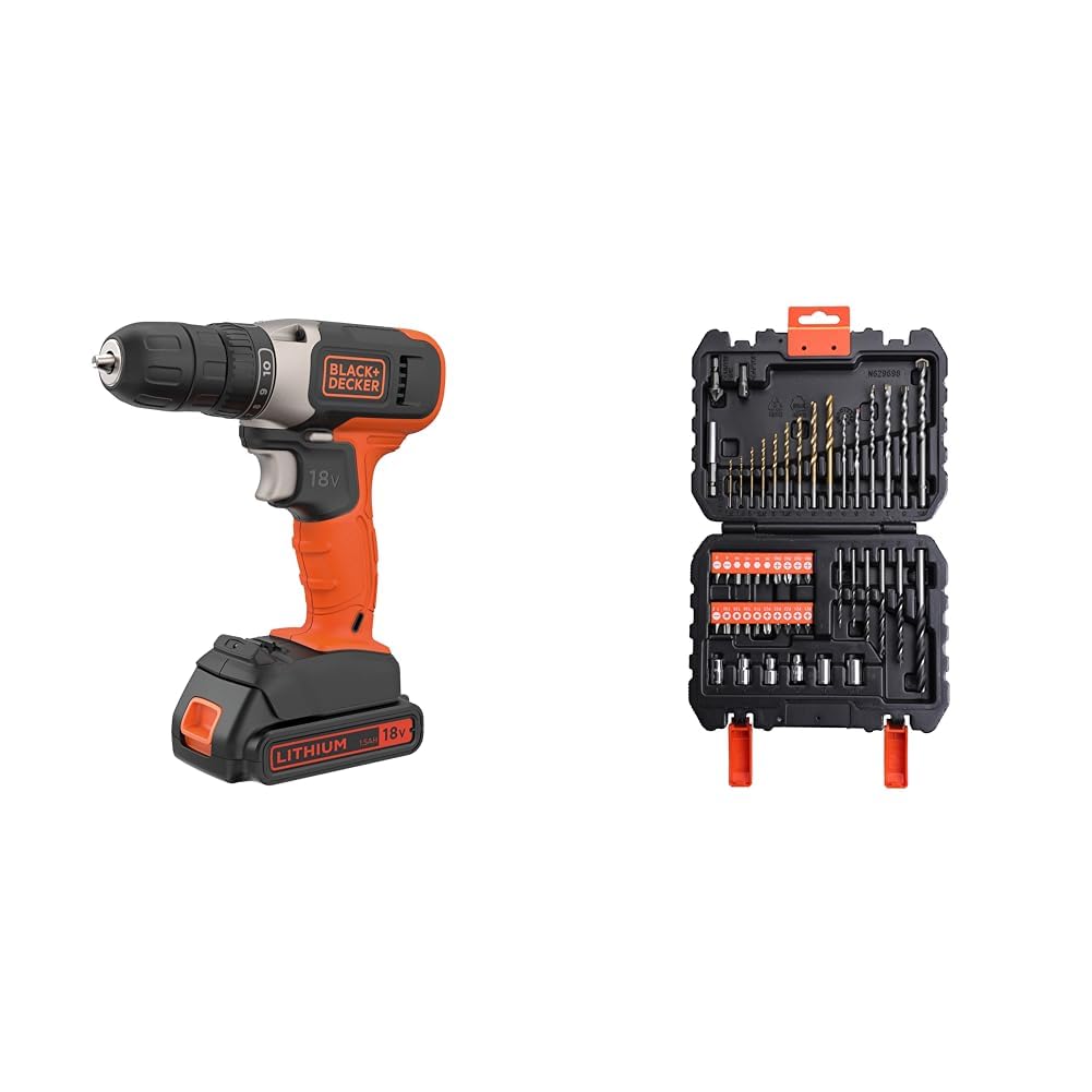 BLACK+DECKER BCD001C1-QW Trapano Avvitatore a batteria 18 V, 1 batteria 18V - 1.5Ah & A7188-XJ Set per Forare (20 Punte Miste e 30 Accessori per Avvitare), 50 Pezzi, Set di 50