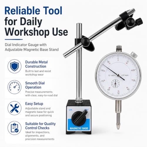 Image of Dial Indicator Gauge with Adjustable Magnetic Base Stand 0-10mm Measuring Range 0.01mm Graduation Precision Measurement Tool for Engineering Automotive CNC Machining Industrial Inspection