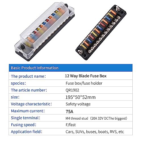 12 Way 12V Fuse Box Blade, 12Volt Fuse Block Without Led Indicator Damp-Proof Cover - 12 Circuit Independent Positive Negative Fuse Box Holder For 12V/24V Auto Car Truck Boat Marine Vehicle #TOP4