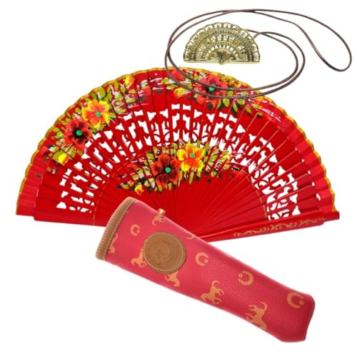 Abanico Plegable de Madera con Flores Pintadadas a Mano con Funda y Cuelga Abanicos. Funda de Lona con Crermallera y Cuelga Abanico Metálico (Escarlata Calado)