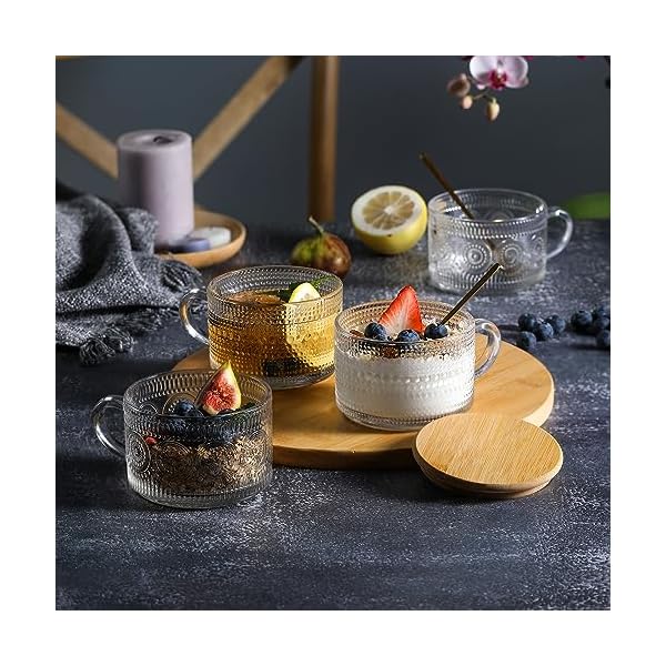 Landneoo 4pcs set vintage coffee mugs gifts for women overnight oats containers with bamboo lids and spoons 14oz clear embossed glass cups cute coffee bar accessories iced coffee glasses  urban country home decor