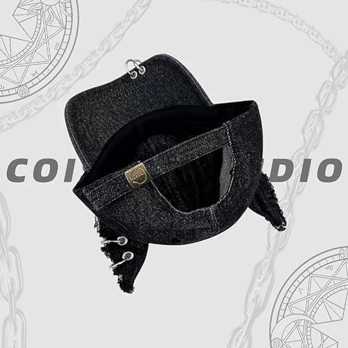 Image of CORIRESHA Cute Bunny Hat with Ears Y2k Grunge Metal Iron Ring Chain Distressed Denim Baseball Cap