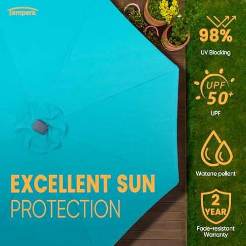 Image of Tempera Patio LED Umbrella with Light | Solar Outdoor Umbrella | Market Table Parasol with Push Button Tilt and Crank, with Sturdy Pole & Fade Resistant Canopy, Easy to Set