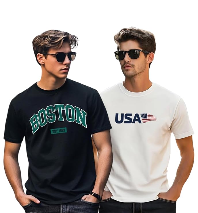 Image of Veirdo 100% Pure Cotton Regular Fit Cool & Trendy Front Printed Half Sleeve T-Shirt Combo for Men (Available Colors: Black, Navy, Swanwhite, White & Green)