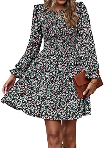 Image of KIRUNDO Long Sleeve Dress for Women 2025 Summer Fall Wedding Guest Smocked Floral Crewneck Ruffle A Line Flowy Mini Dress