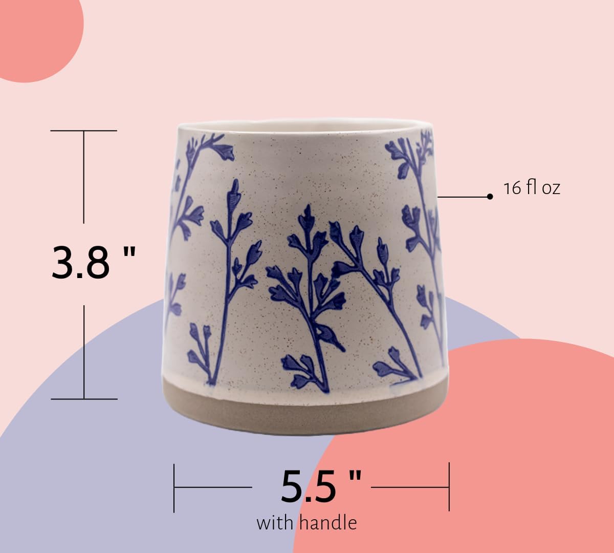 Handmade Ceramic Coffee Mug, 16 oz Coffee Cup, 450 ml | Heavy Mug Ideal for Green Tea or Coffee| Large Coffee Mug | Hand Painted Floral Design Pottery Mug | Cute Coffee Mugs for Women | Latte Mugs