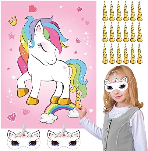 NEBURORA Pin The Horn on The Unicorn Birthday Party Game with 30 Horns for Unicorn Party Supplies Favors Girls Rainbow Christmas Party Decorations Home Wall Decor