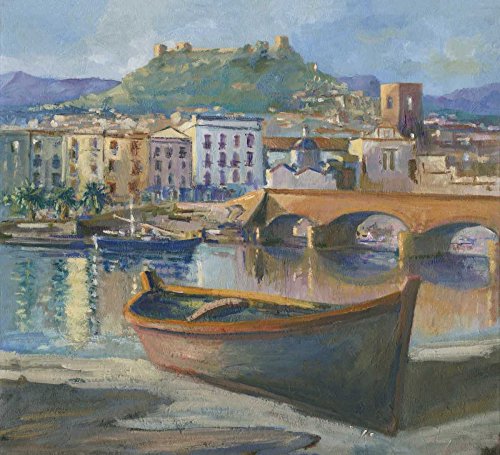 ART-PRINT-on-matte-paper-220gr- Barca sul fiume di Bosa sardegna Zucca Gianfranco - Orizzontale Costiera Immagine Costiera Mediterranea Barca River Bridge Old 24_X_27_in