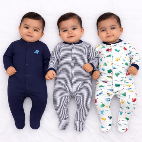 Image of VParents Rompers for New Born Baby Girl & Boy (Pack of 3), 100% Cotton Full Sleeve Romper /Bodysuit /Jumpsuit /Onesies /Sleepsuit for Infants & Toddlers, Comfortable Clothes for Babies