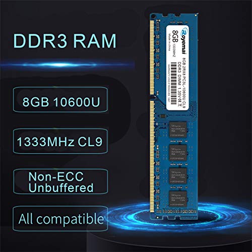 Image of ROYEMAI 8GB DDR3 /DDR3L 1333MHz UDIMM, PC3 /PC3L -10600 UDIMM 1.35V /1.5V CL9 2RX8 Non ECC Unbuffered Dual Rank 240 Pin Desktop RAM Computer Memory Module