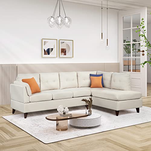Biadnbz 97.2" Modern L-Shape Sectional Sofa, Linen Fabric Couch Furniture With Right Chaise Lounge And One Lumbar Pad, For Living Room Apartment, Beige #TOP12