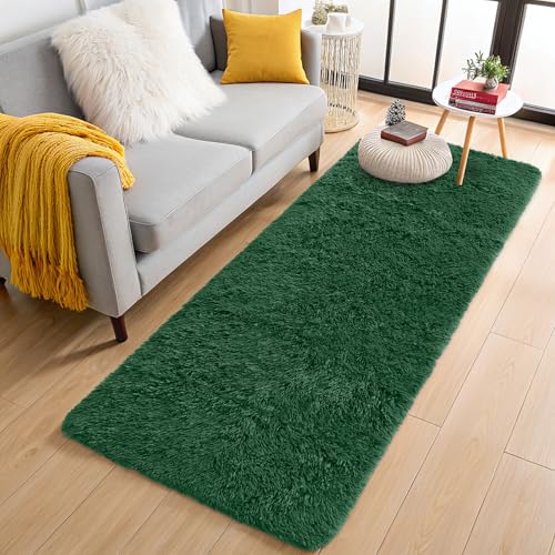 OLANLY 2x6 Machine Washable Runner Rugs for Hallway, Soft Fluffy Shaggy Bedside Rugs for Bedroom, Living Room, Indoor Floor Carpet for Kids Girls Boys, Nursery Rooms, Home Decor Aesthetic, Dark Green