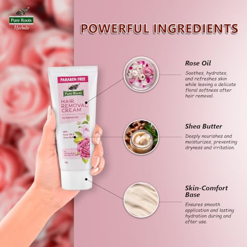Image of Pure Roots Rose Hair Removal Cream 50g Pack of 3, Gentle formula Enriched with Rose Oil and Shea Butter, Painless, Easy and Effective Hair Removal Cream for Women and Men