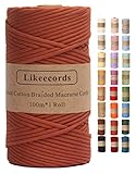 Likeecords Geflochtene makramee garn 3mm x 100m,100 % natürliches baumwollseil,Makramee farbige schnur für Taschen, Wandbehänge, Pflanzenaufhänger (Rostrot)