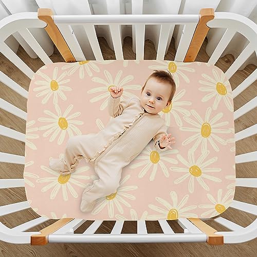 Image of Kigai Fitted Crib Sheet for Boys Girls, Daisy Pattern Jersey Knit Baby Standard and Toddler Bed Mattresses, Cozy Soft Breathable, 28 x 52 in