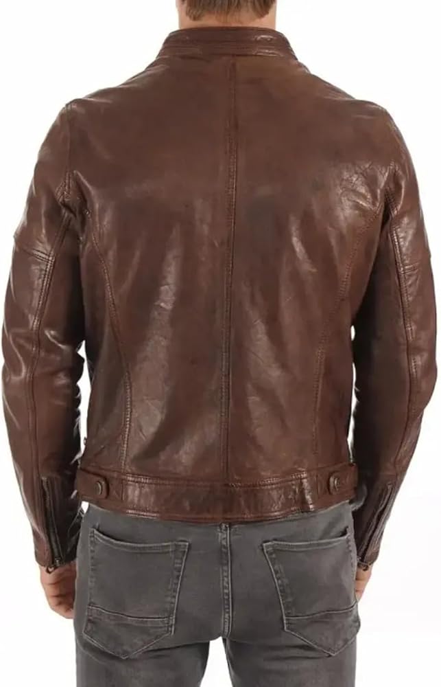 Buttonhole Men's Brown Leather Jacket Casual Warm Zipper Slim fit