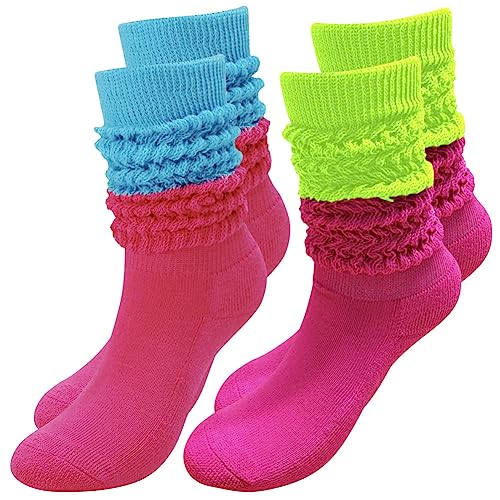 Image of 2 Pairs 80s Neon Women's Slouch Socks Extra Long Knit Scrunch Socks Heavy Thick Scrunchie Socks Size 9 to 11