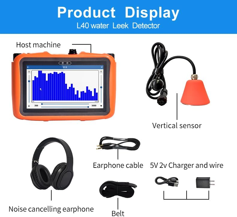 PQWT L40 Water Leak Detector components including host machine, vertical sensor, earphone cable, charger, and belt