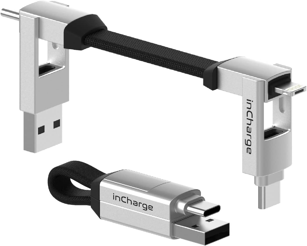 Rolling Square InCharge 6 Charging Cable, Multi USB Cable, 6-in-1, Super Multifunctional, Key Holder, Compatible with Smartphones, Tablets, Laptops, USB-C and Lightning, MicroUSB Charging, Data Transfer, Compact Design, Durable Design, OTG Power Transfer, Compatible with iPhones, Android, Moonwhite