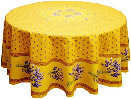 68" Round Lavender Yellow Cotton Coated Provence Tablecloth by Le Cluny