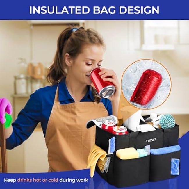 Ytonet Cleaning Caddy, Water Resistant Cleaning Supplies Organizer with Handle & Foldable Divider for Cleaners, Housekeeping Tote for Kitchen & Bathroom, Car Tool Caddy Organizer Bag, Black