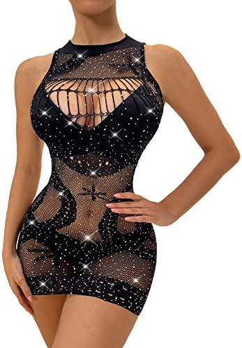Hilinker Women's Sexy Sleeveless See Through Sparkly Rhinestones Mesh Bodycon Mini Dress Black One Size