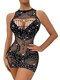Hilinker Women's Sexy Sleeveless See Through Sparkly Rhinestones Mesh Bodycon Mini Dress Black One Size