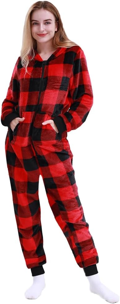 MAGICMK Women's & Men's Christmas Pajamas Hoodie Fleece Onesie Suit Full Zipper Jumpsuits with Pockets