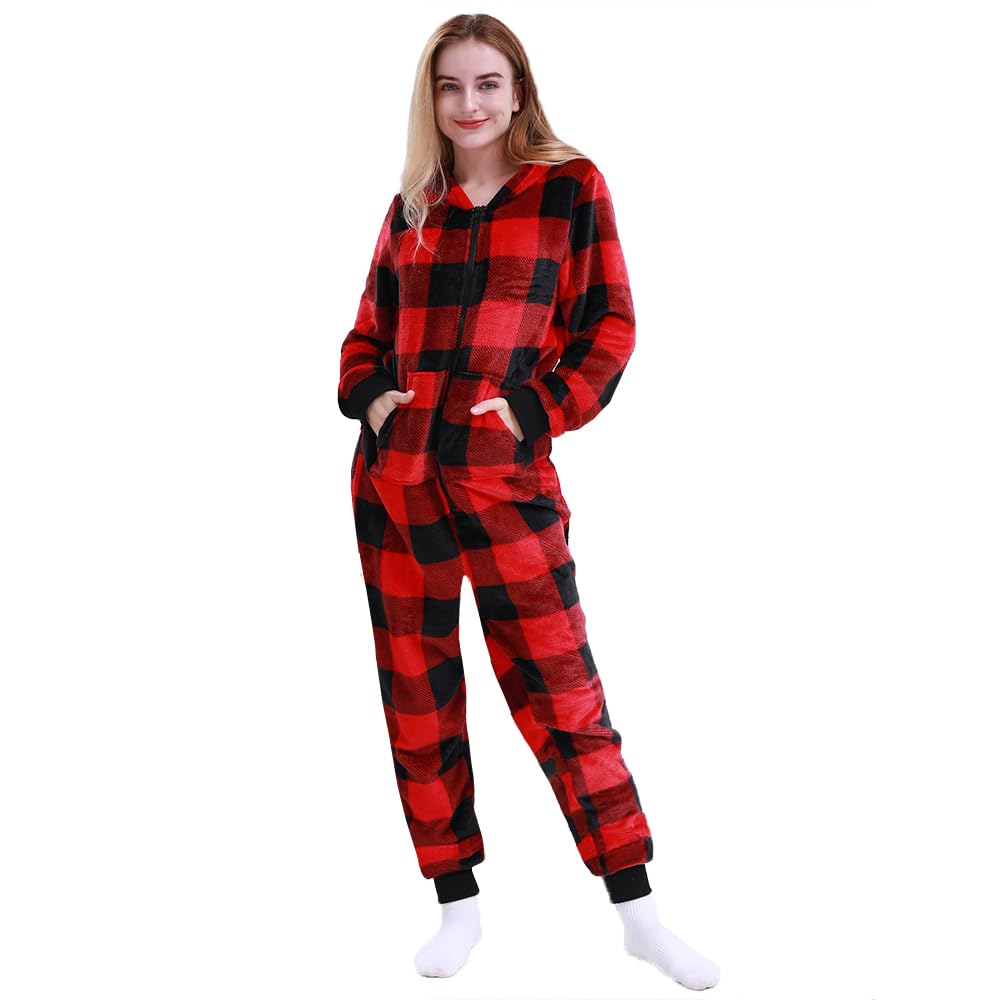MAGICMKWomen's & Men's Christmas Pajamas Hoodie Fleece Onesie Suit Full Zipper Jumpsuits with Pockets