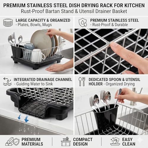 Image of Premium Stainless Steel Dish Rack for Kitchen | Dish Drying Rack with Draining Tray & Cutlery Holder | Space Saving Utensil Stand | Bartan Organizer Basket with Handle