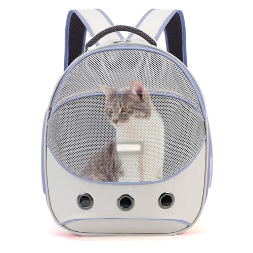 キャットバッグ、屋外運搬用ソフトケースのランドセル 通気性 太め 調節可能 脱走防止 餌入れ 可視窓 便利サイドバッグ ネット面、ペット ショルダーバッグ 外出、旅行、小型猫バッグ、ペット小屋、子犬、中型猫 (ブルー)