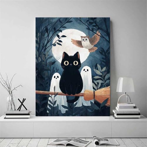 Toile Halloween chat noir et fantômes | Solution déco murale prête à suspendre - 2