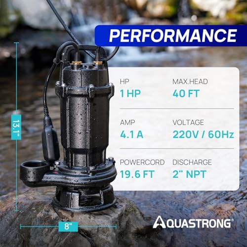 Image of Aquastrong 1 HP Sewage Grinder Pump, 4200 GPH Sewage Pump 2 inch Discharge, Cast Iron Sump Pump Submersible with Auto Float Switch for Basement Sump Basin and Sewage Well, Dark