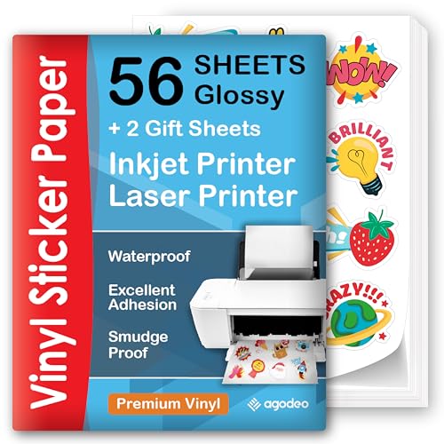 Premium Printable Vinyl Sticker Paper for Inkjet & Laser Printer - 56 Sheets - Glossy White - Self-Adhesive Waterproof Sheets - Dries Quickly & Vivid Colors - Holds Ink Well - Tear Resistant