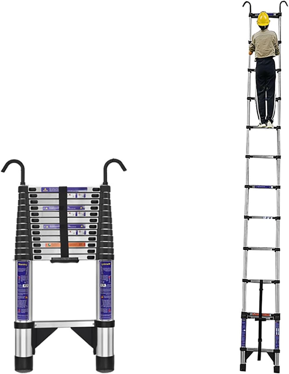 Attic Access/RV Telescoping Ladder with Hooks, Stainless Steels Folding Telescopic Ladder Extension Ladder Telescopic Folding Ladder for Home, Roof Top Tent & Outdoor (Si