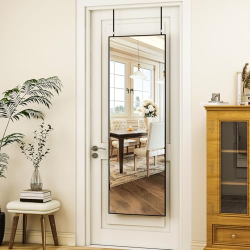 HARRITPURE Türspiegel, 127 x 41 cm, mit 2 höhenverstellbaren Haken zum Aufhängen über Türen. Ganzkörperspiegel mit Aluminiumrahmen, geeignet für Flure und Schlafzimmer. Schwarz